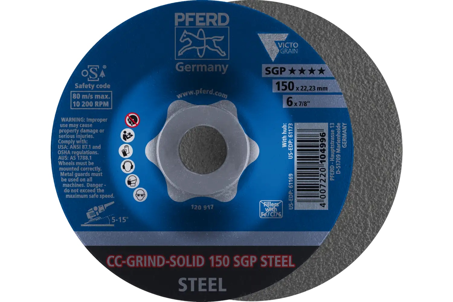 Picture of Pferd Grinding disc, CC-Grind®-Solid, 6" x 5/8-11, SGP Steel Victograin®, Ceramic